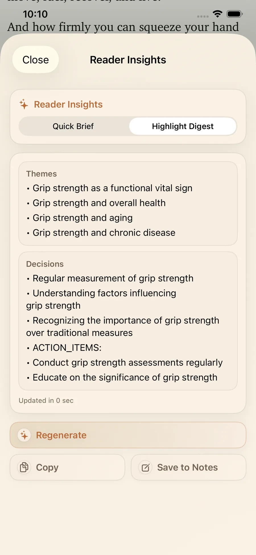 LinkBook Reader Insights highlight digest with themes and action items
