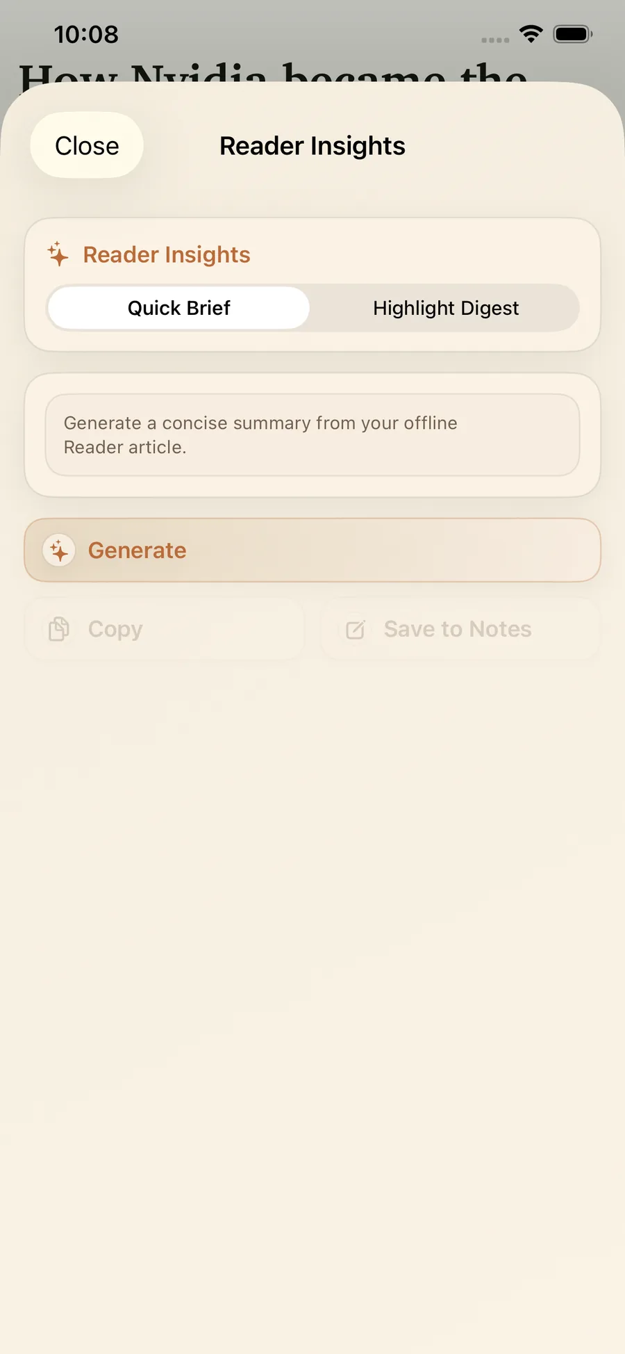 LinkBook Reader Mode showing a clean long-form article view