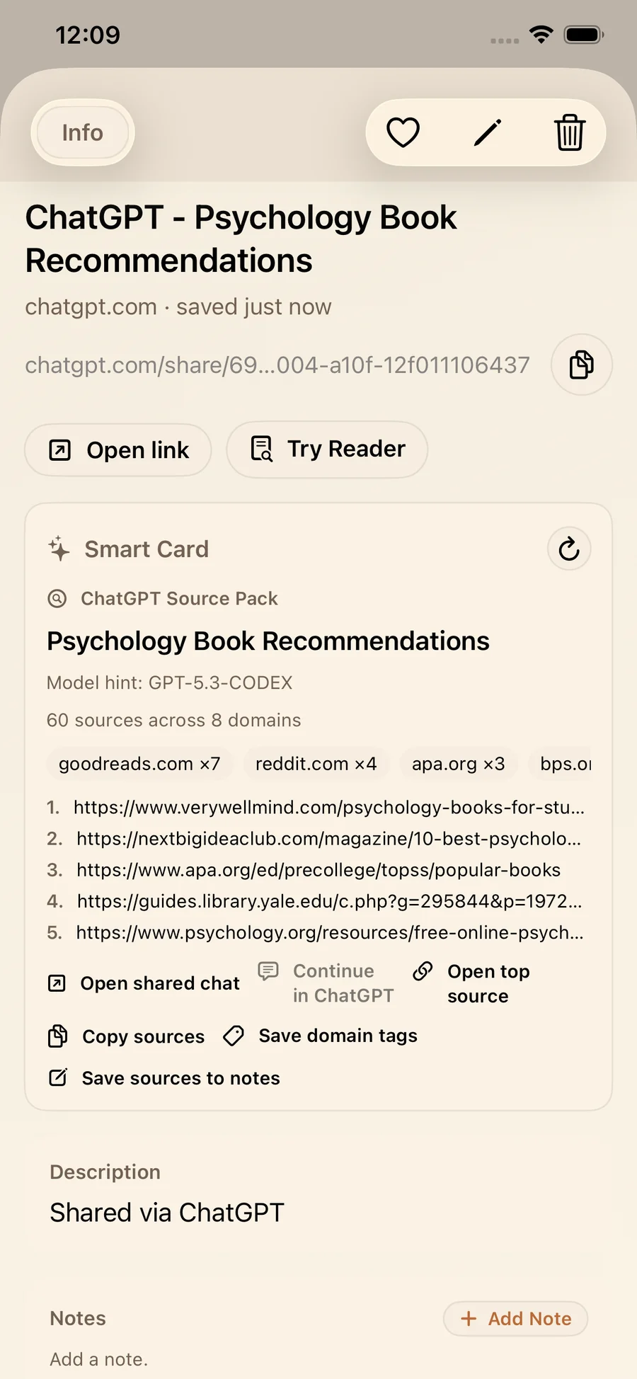 AI Smart Card in LinkBook with source-aware summary details on iPhone