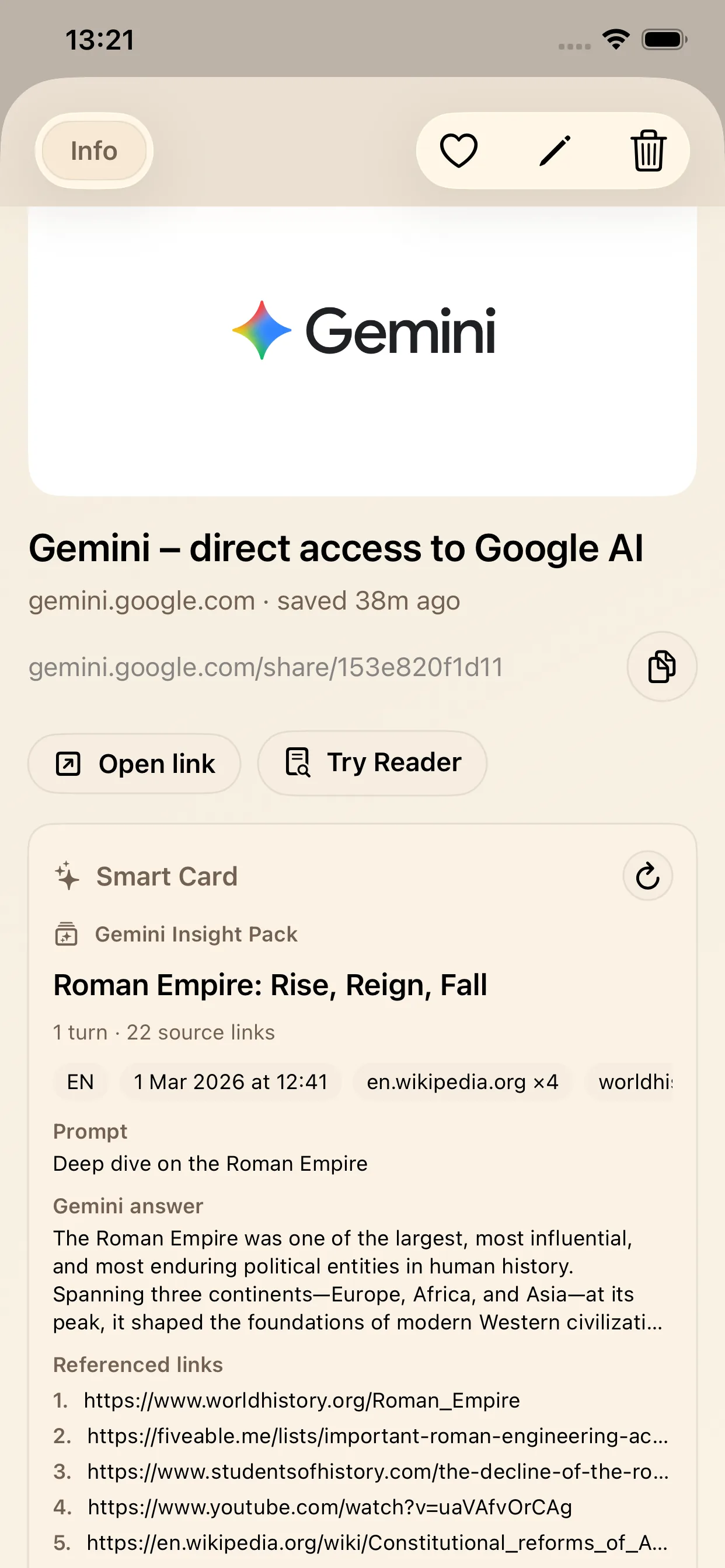 Gemini Insight Pack 展示了更完整的 prompt、answer 与引用来源