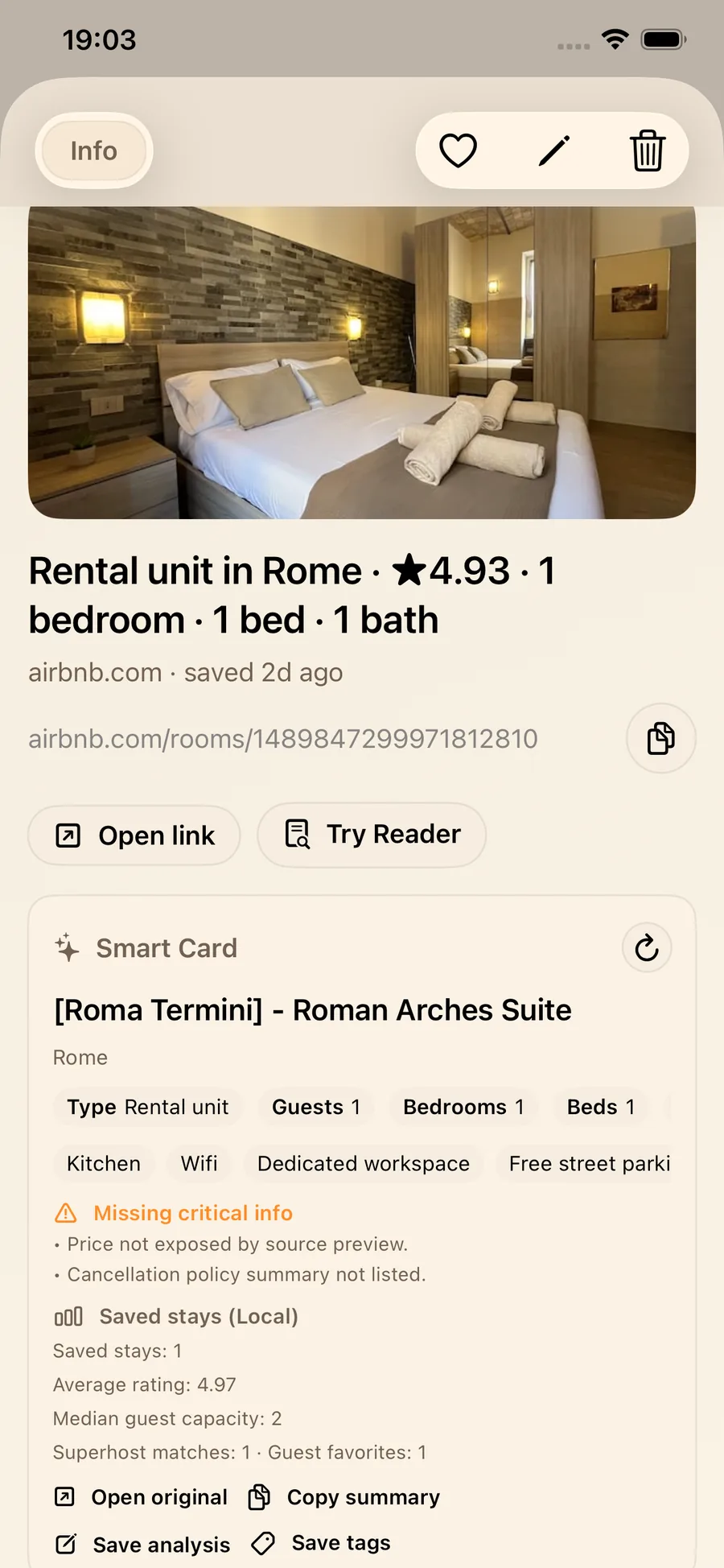 Airbnb Smart Card detail view showing missing critical info and local saved-stays comparison