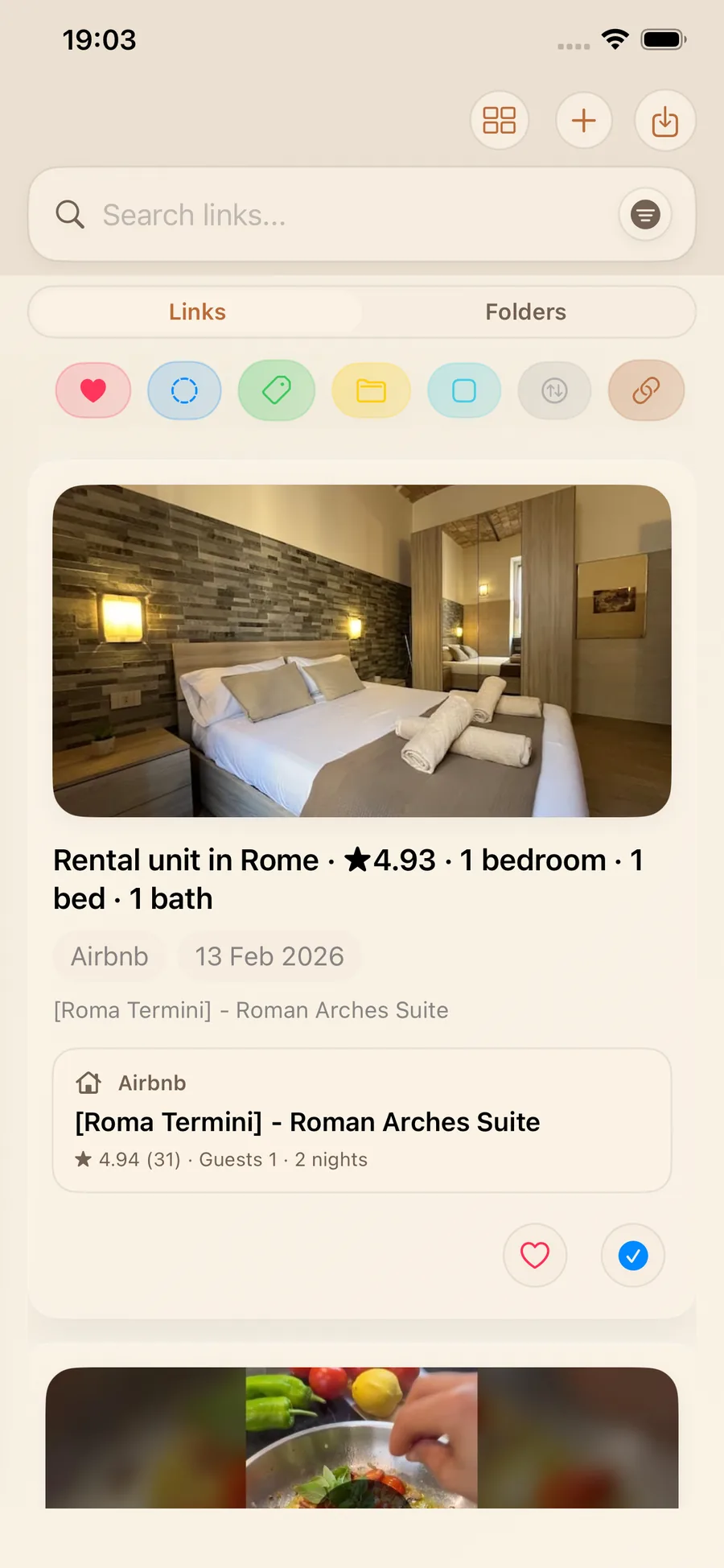 Airbnb listing saved in LinkBook with smart card preview and key stay details
