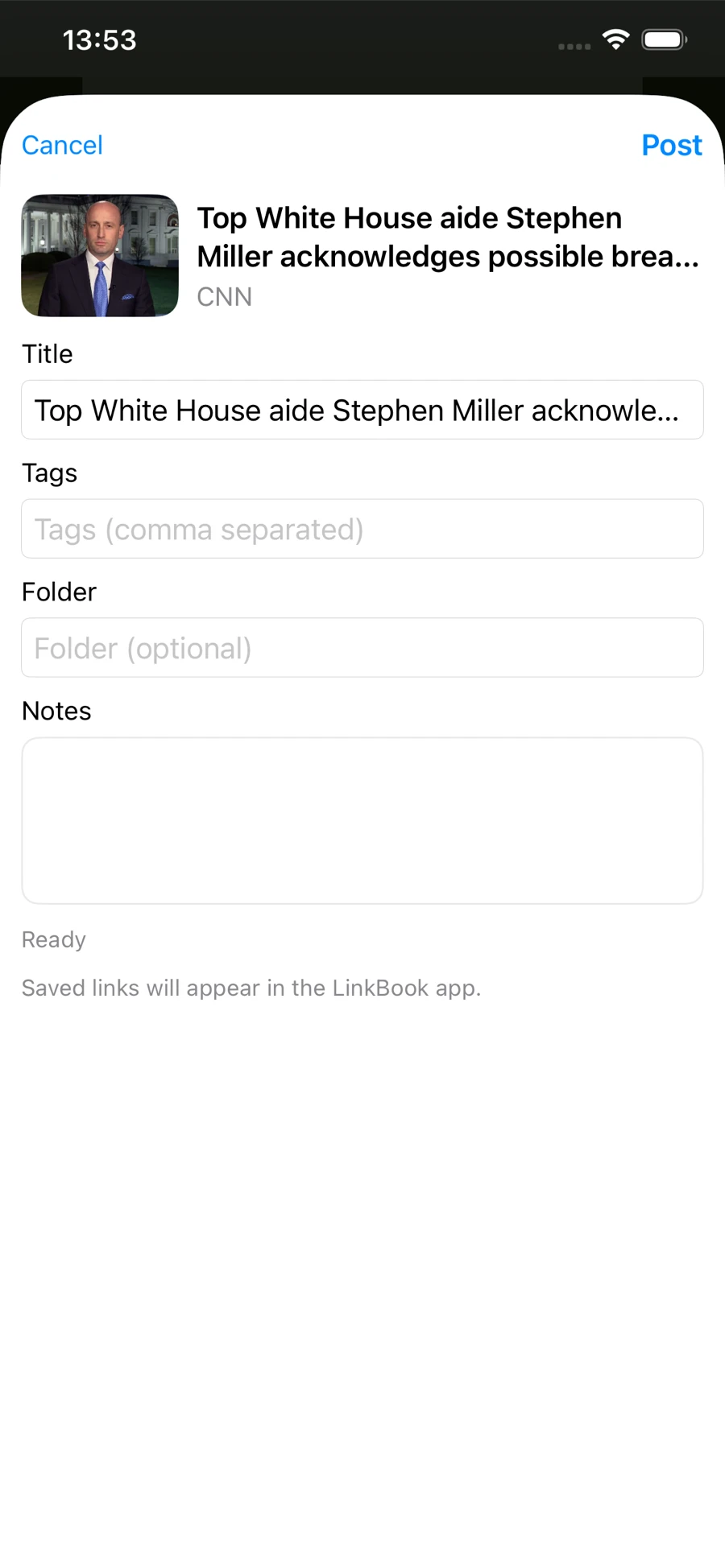 LinkBook Share Sheet save screen