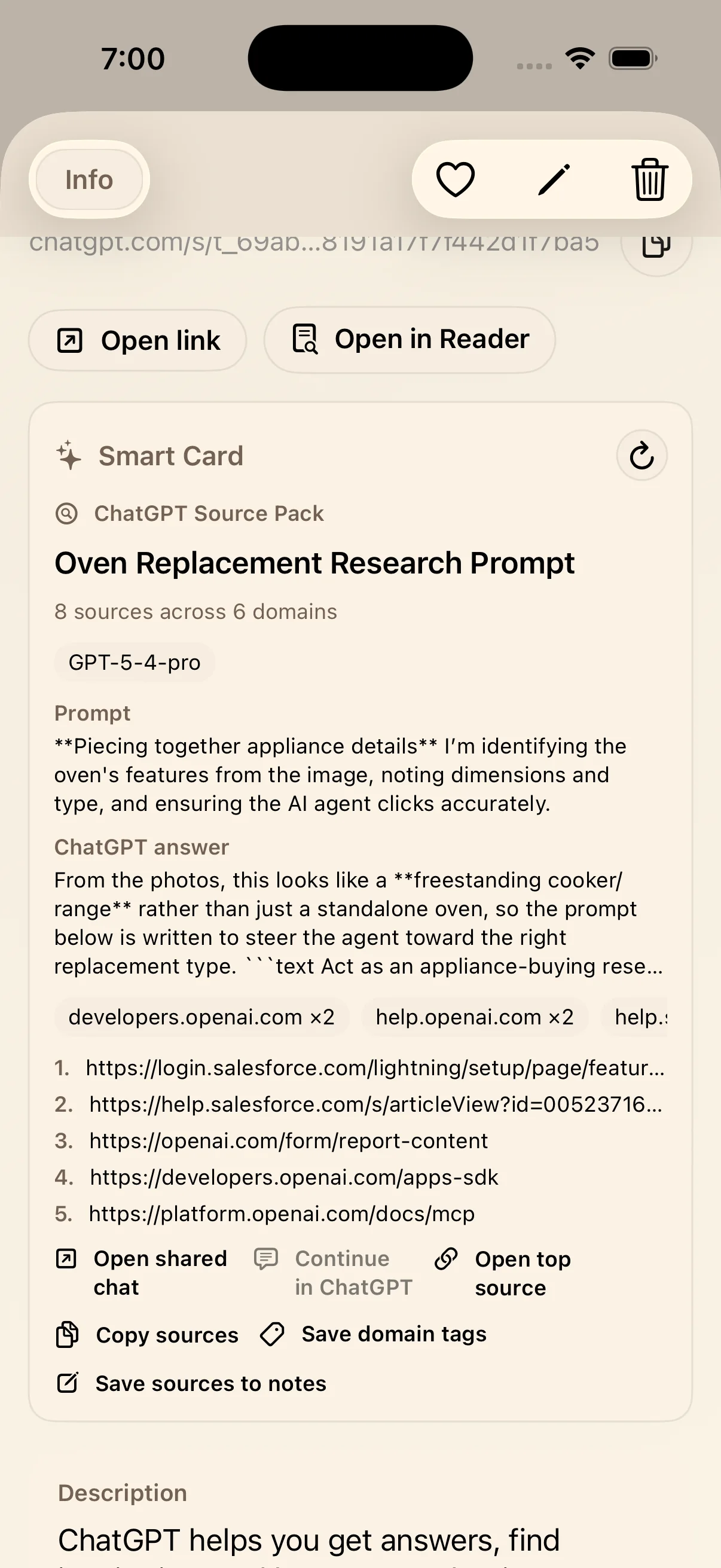 ChatGPT Source Pack in LinkBook with actions for opening the shared chat, copying sources, saving tags, and saving notes