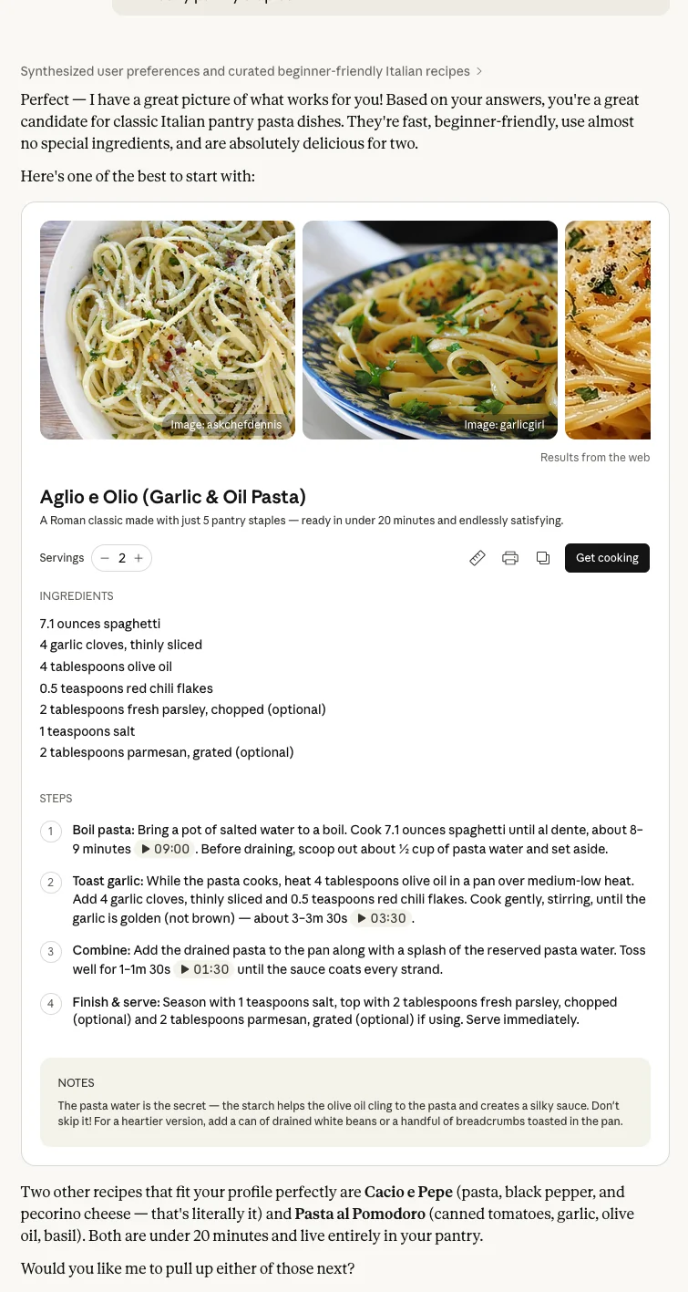 Claude shared recipe page showing a structured aglio e olio recipe card with ingredients and steps