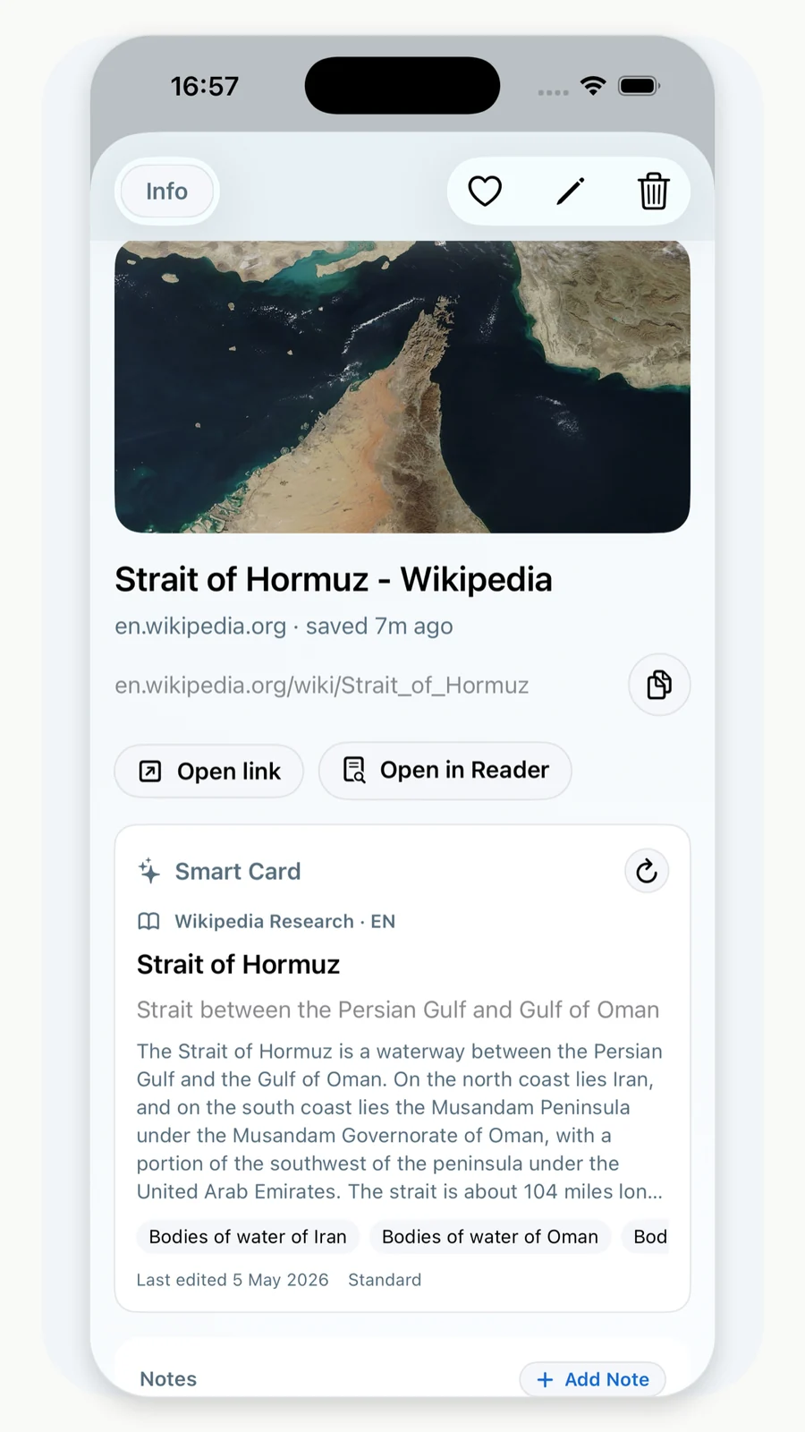 LinkBook research cards for saved sources and notes on iPhone