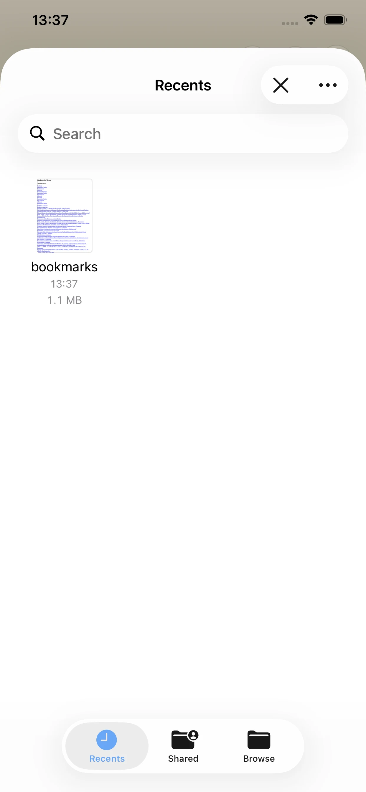 Files picker on iPhone showing a bookmarks HTML file selected for import into LinkBook