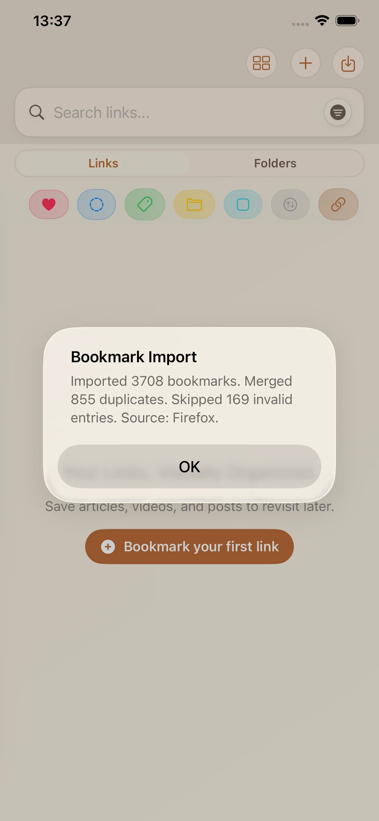 LinkBook import result dialog on iPhone showing imported bookmarks, merged duplicates, skipped invalid entries, and source