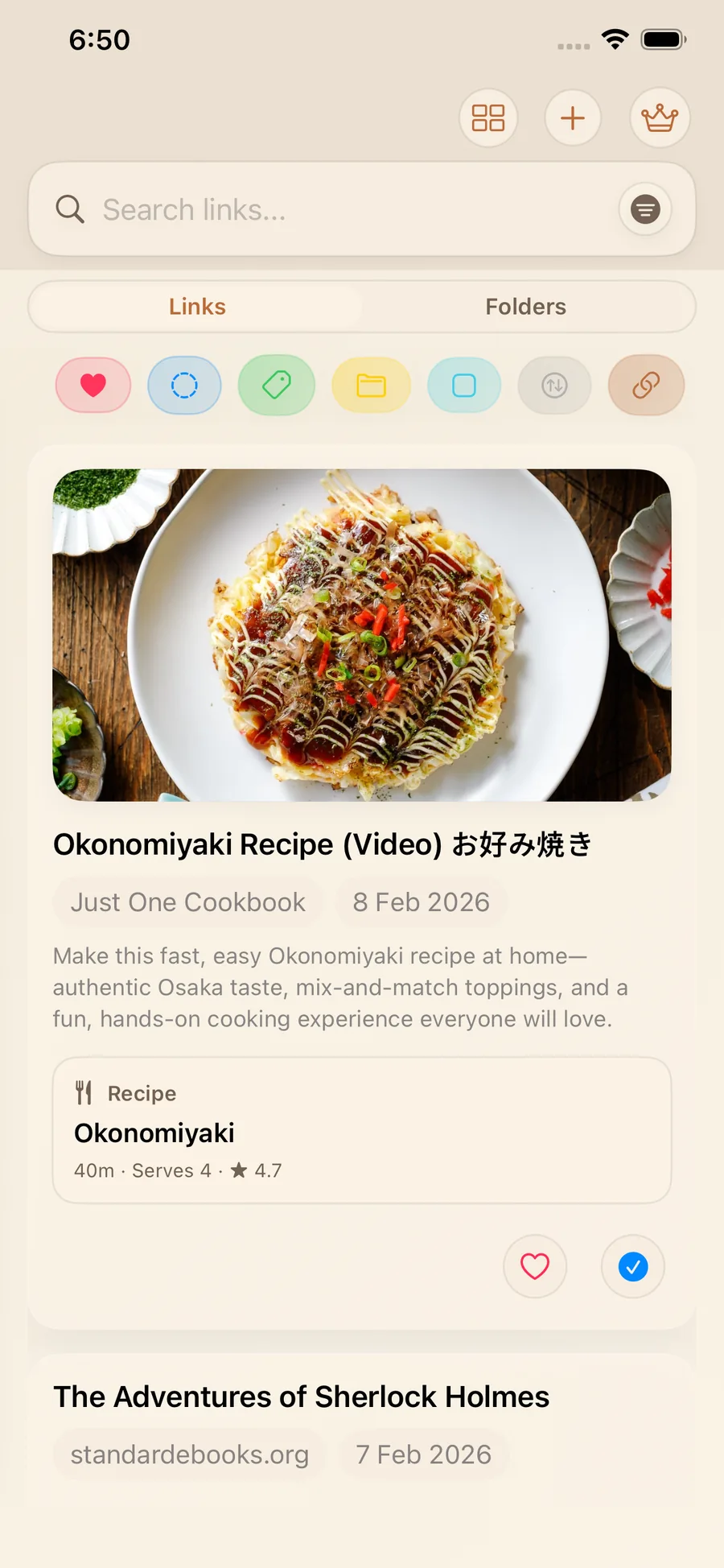 LinkBook library view with recipe smart card preview for saved recipe links
