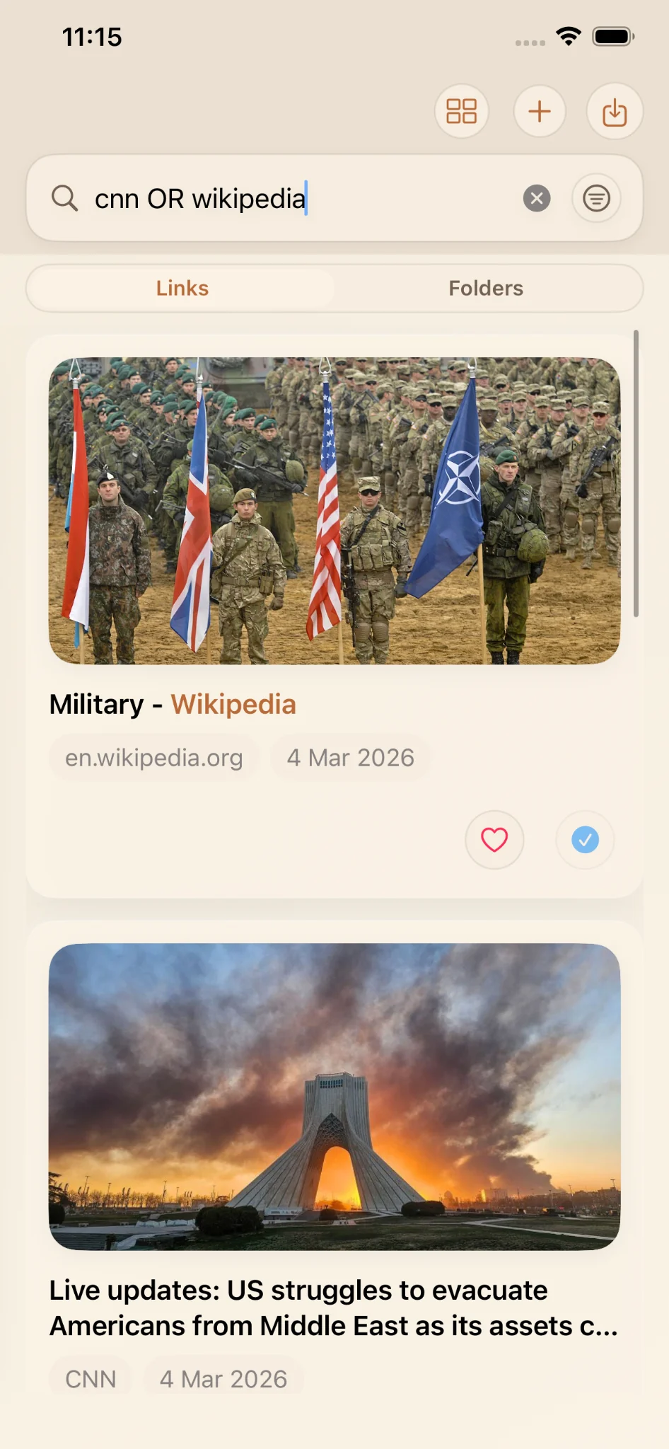 LinkBook search results showing the query cnn OR wikipedia returning CNN and Wikipedia links