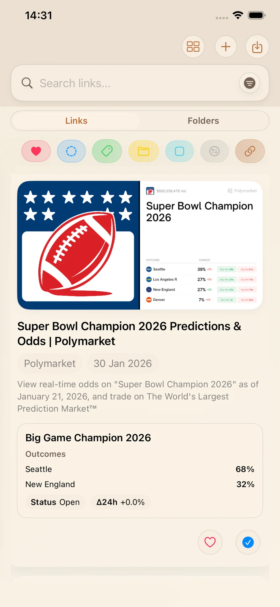 Polymarket smart card in LinkBook feed with outcomes, percentages, status, and 24h movement