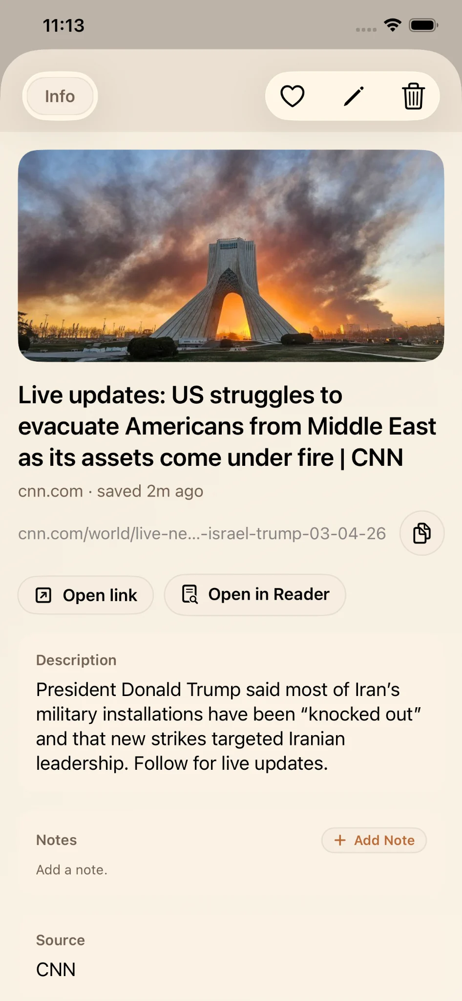 Saved CNN live update link detail view in LinkBook