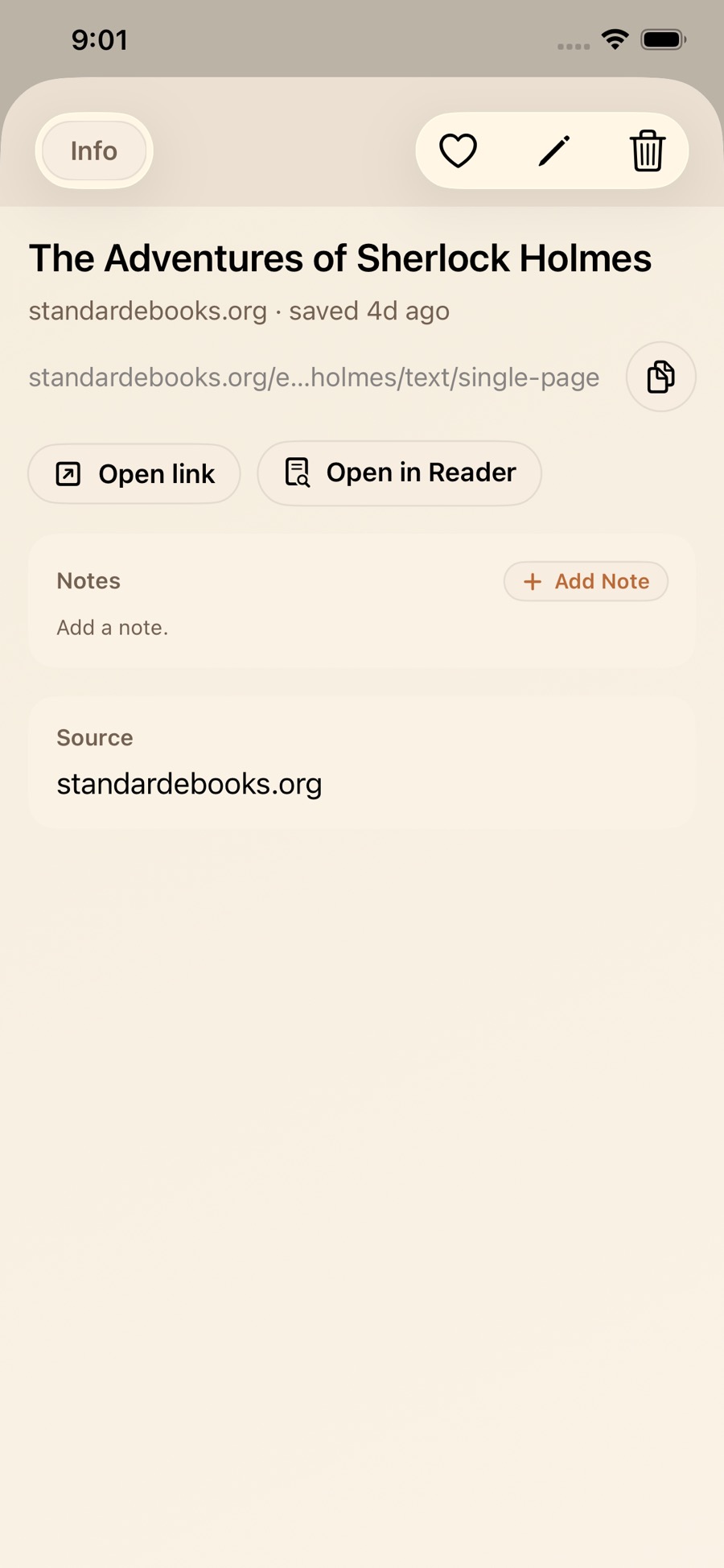 LinkBook Reader Mode on iPhone showing a clean readable page for a saved link