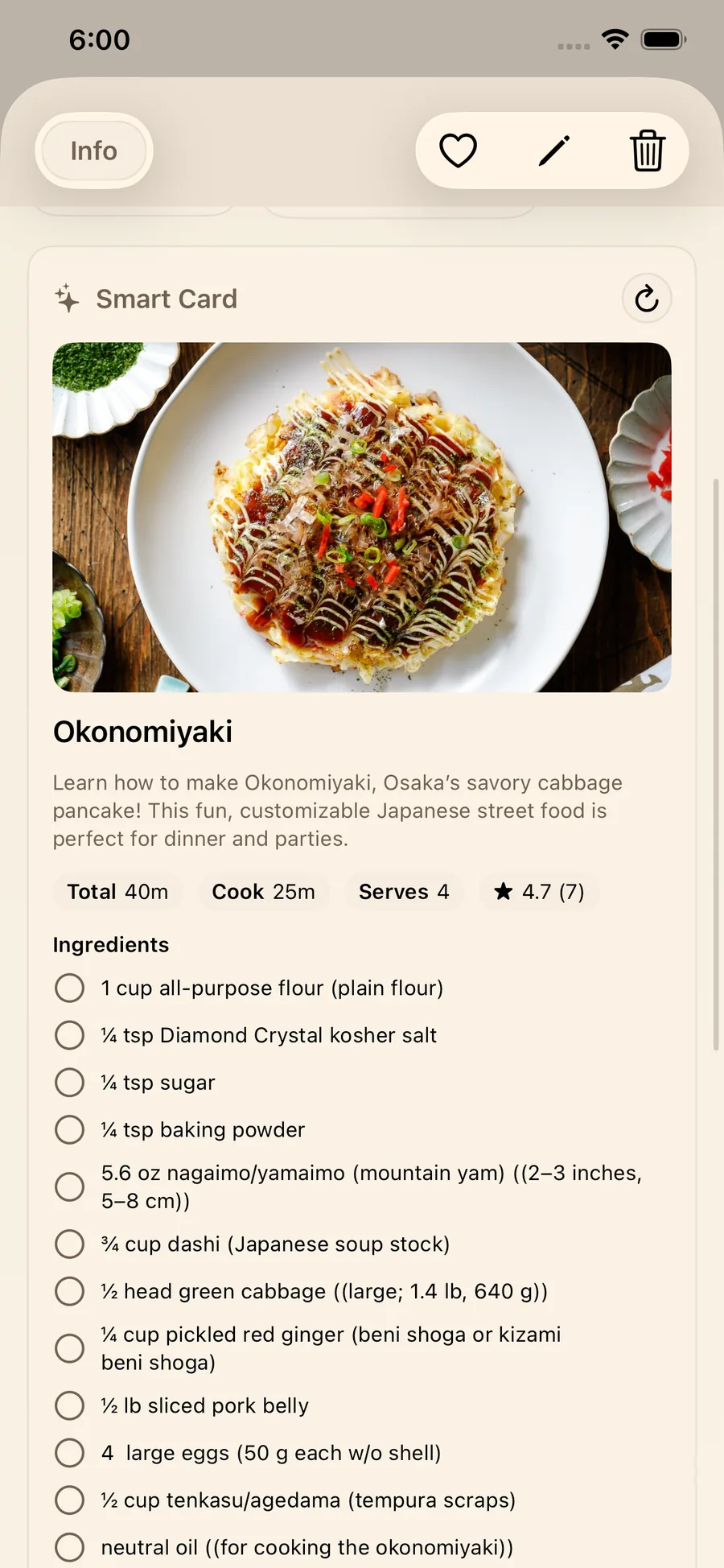 LinkBook recipe smart card ingredients checklist and quick facts view