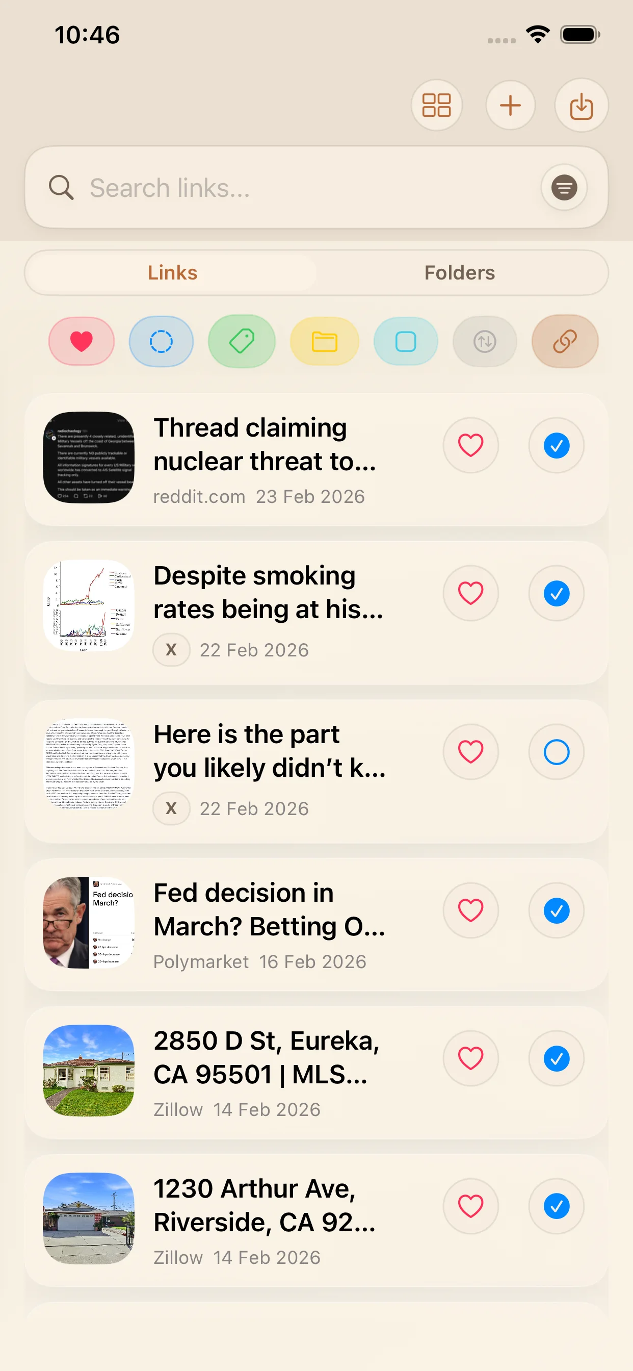 LinkBook list layout on iPhone showing saved links in a scannable row-based view.
