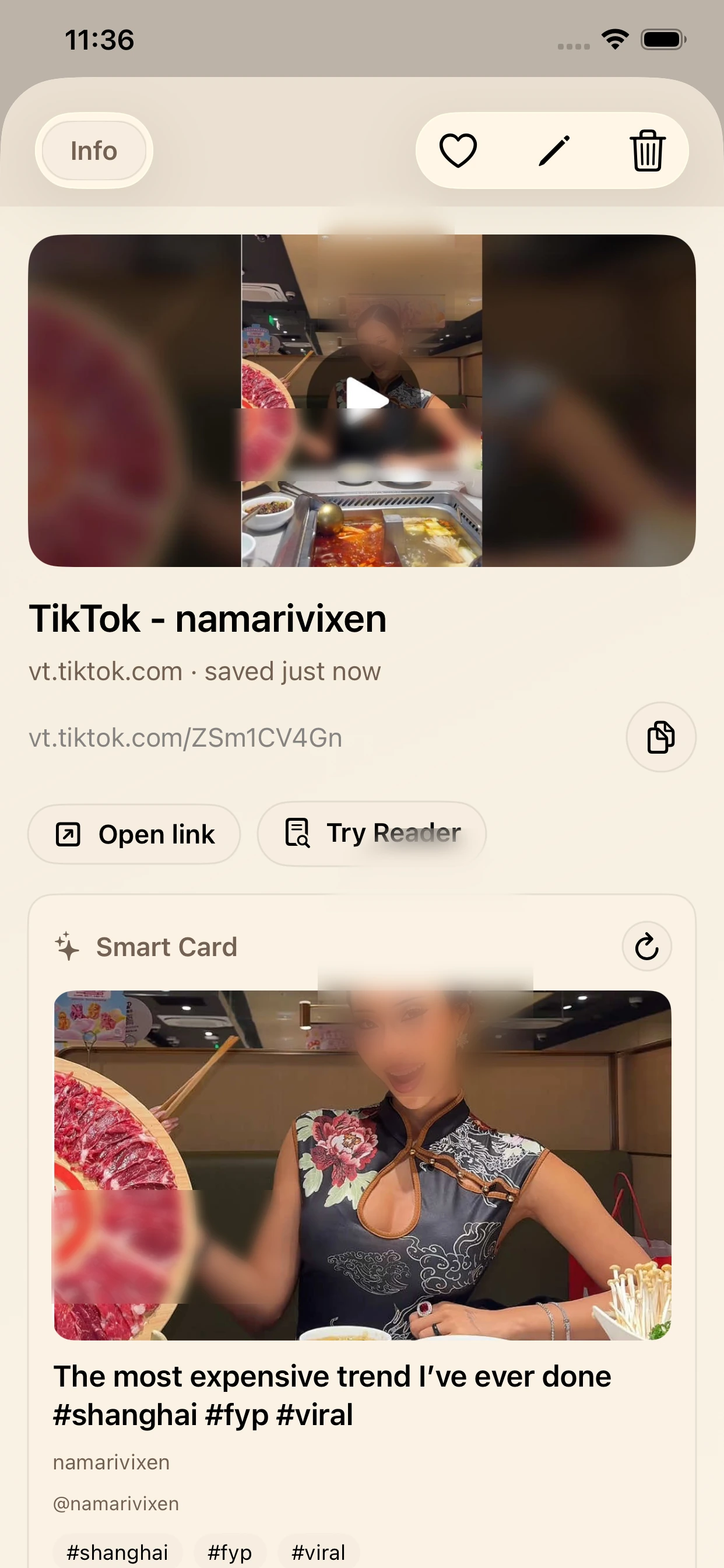 Saved TikTok link detail screen in LinkBook with smart card preview