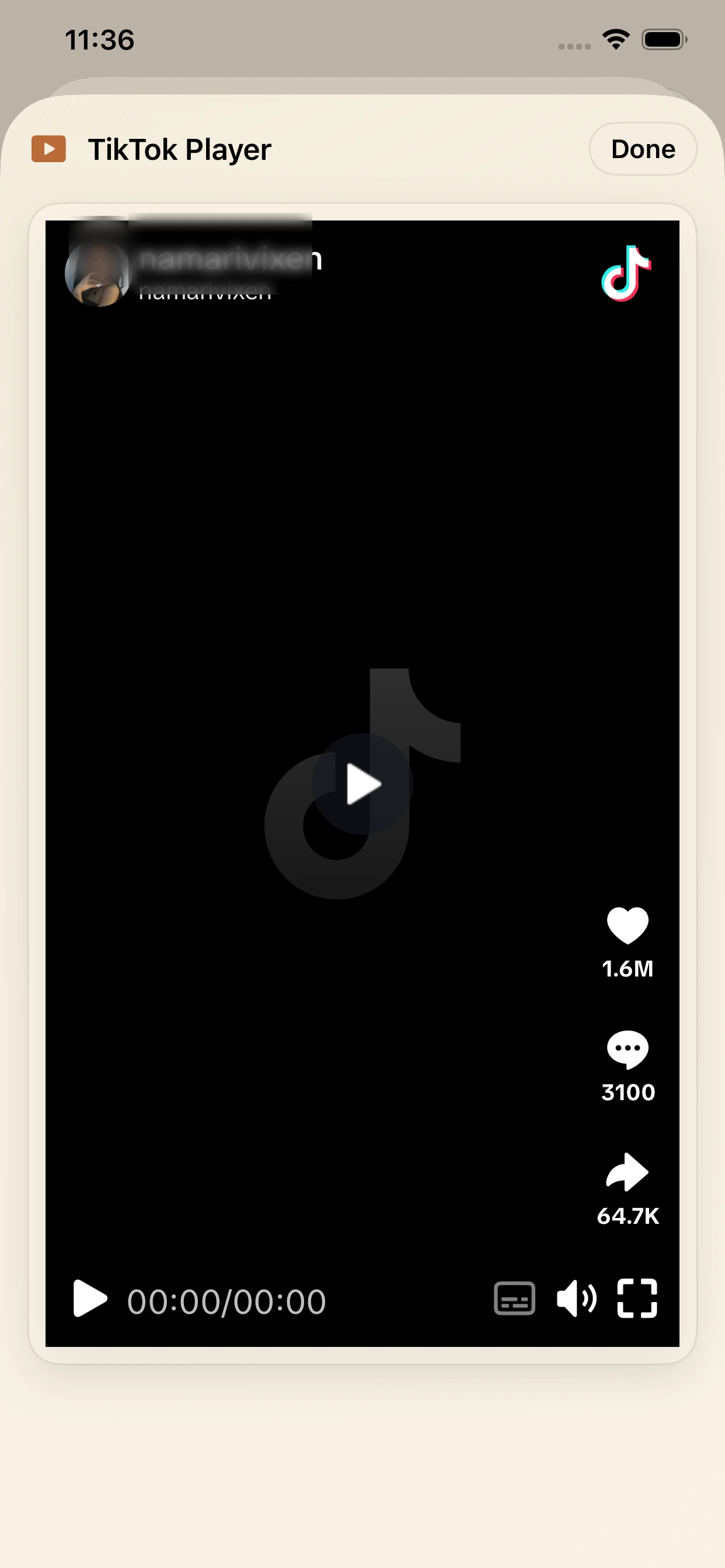 TikTok player opened from a saved LinkBook entry on iPhone