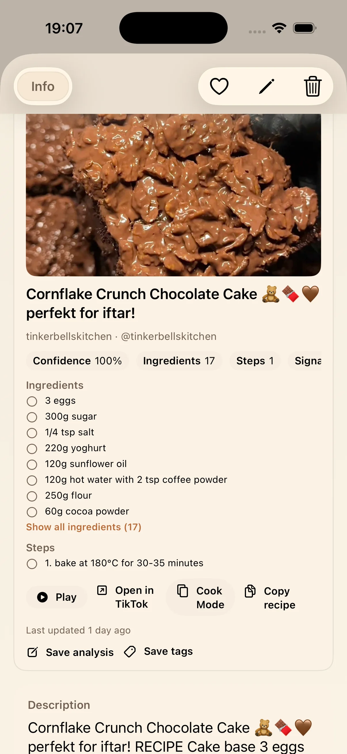 LinkBook on iPhone showing a TikTok recipe save turned into ingredients, steps, and cooking actions