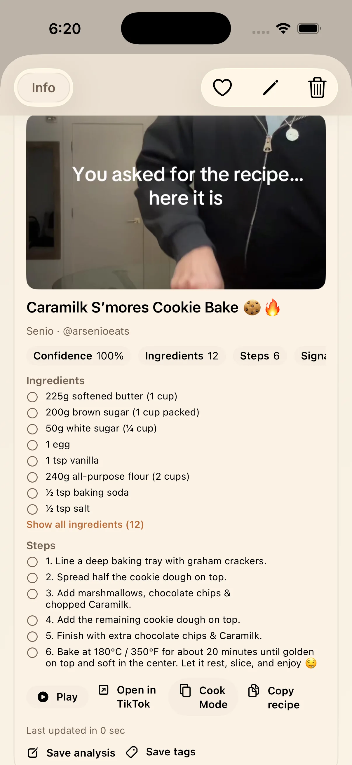 LinkBook TikTok recipe smart card showing extracted ingredients and steps on iPhone