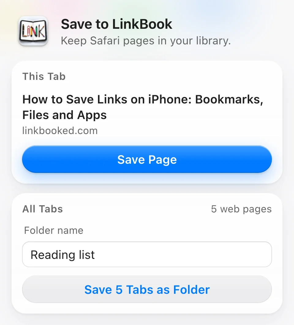 The Save to LinkBook popup in Safari, showing This Tab with Save Page and All Tabs with Save 5 Tabs as Folder