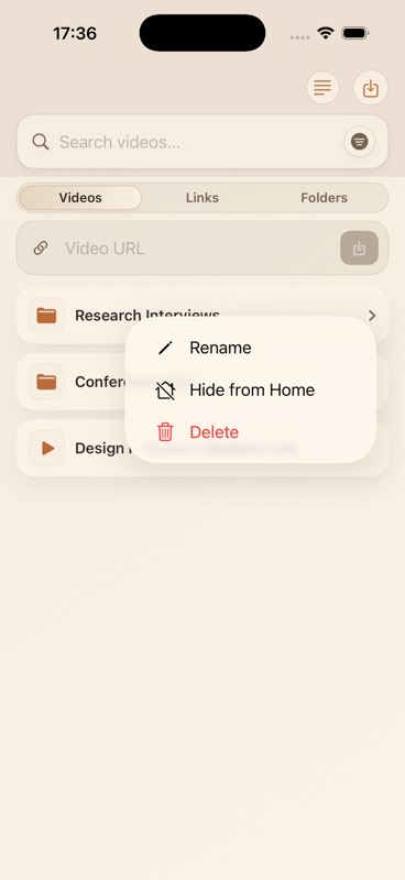 LinkBook saved video action menu on iPhone showing rename, hide, and delete actions