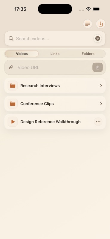 LinkBook Videos tab on iPhone with a video URL field, video folders, and a saved video