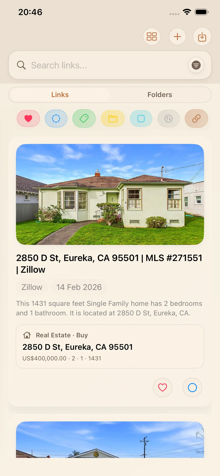 Zillow Smart Card in LinkBook feed with property image and listing snapshot