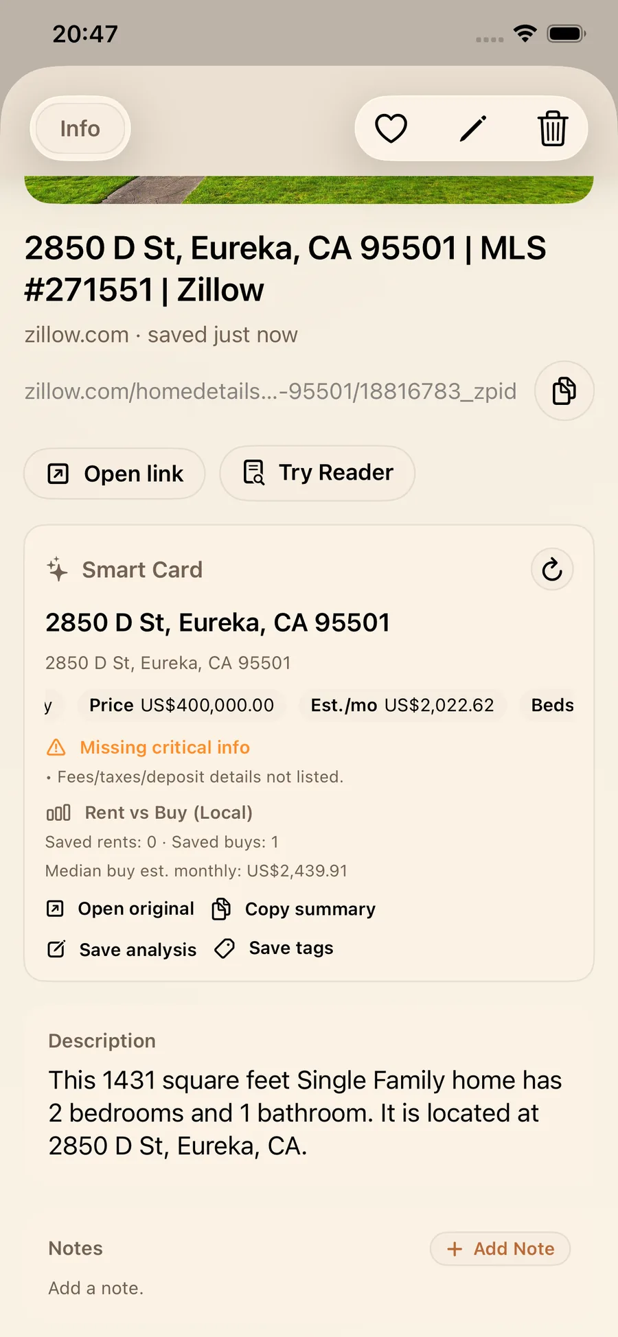Zillow Smart Card detail view with price, estimated monthly cost, and Missing critical info warning