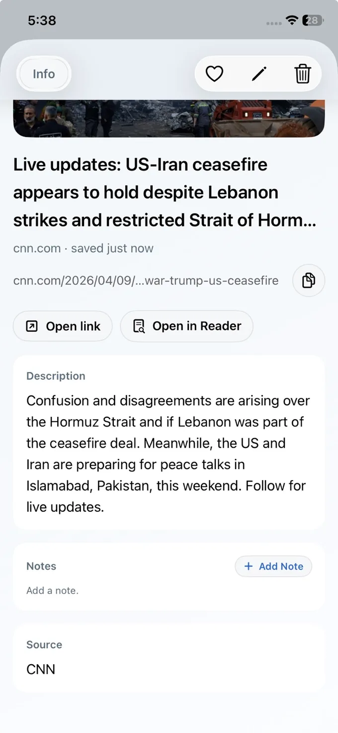 LinkBook detail view with Open link, Open in Reader, description, notes, and source sections.