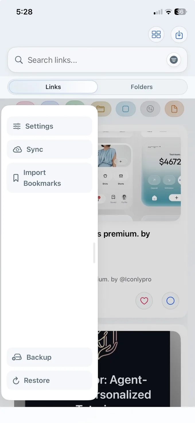LinkBook left drawer with Settings, Sync, Import Bookmarks, Backup, and Restore.