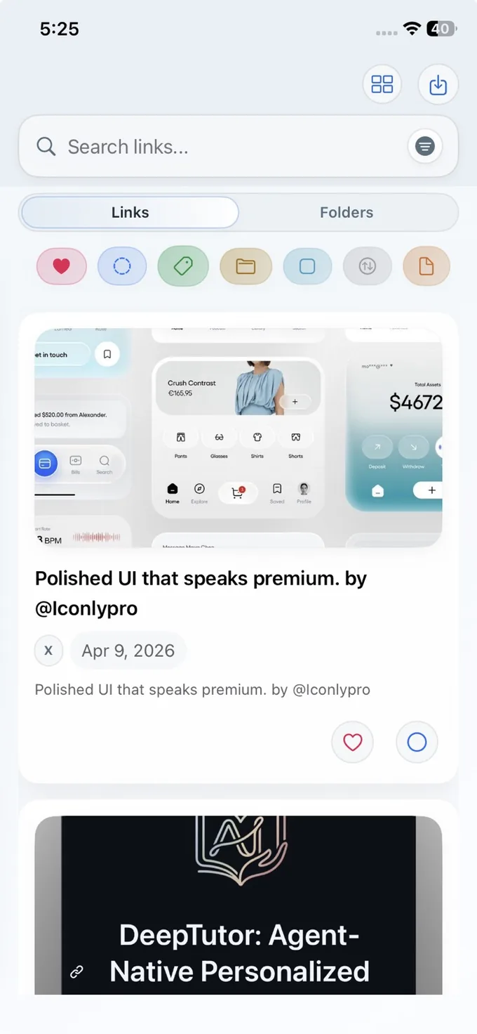 LinkBook library view with search, filters, and saved cards.