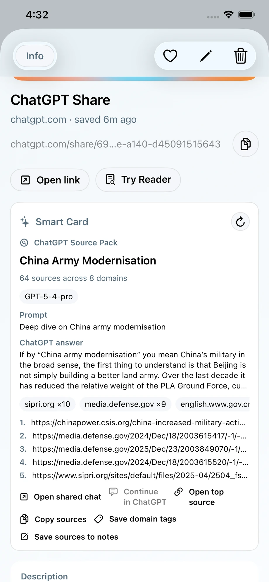 LinkBook ChatGPT source pack smart card showing sources, prompt, answer summary, and source actions