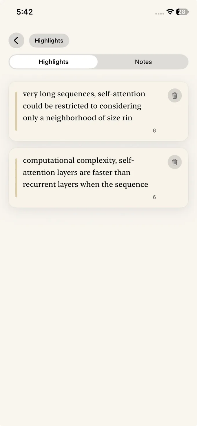 PDF highlights screen in LinkBook with saved highlight cards.