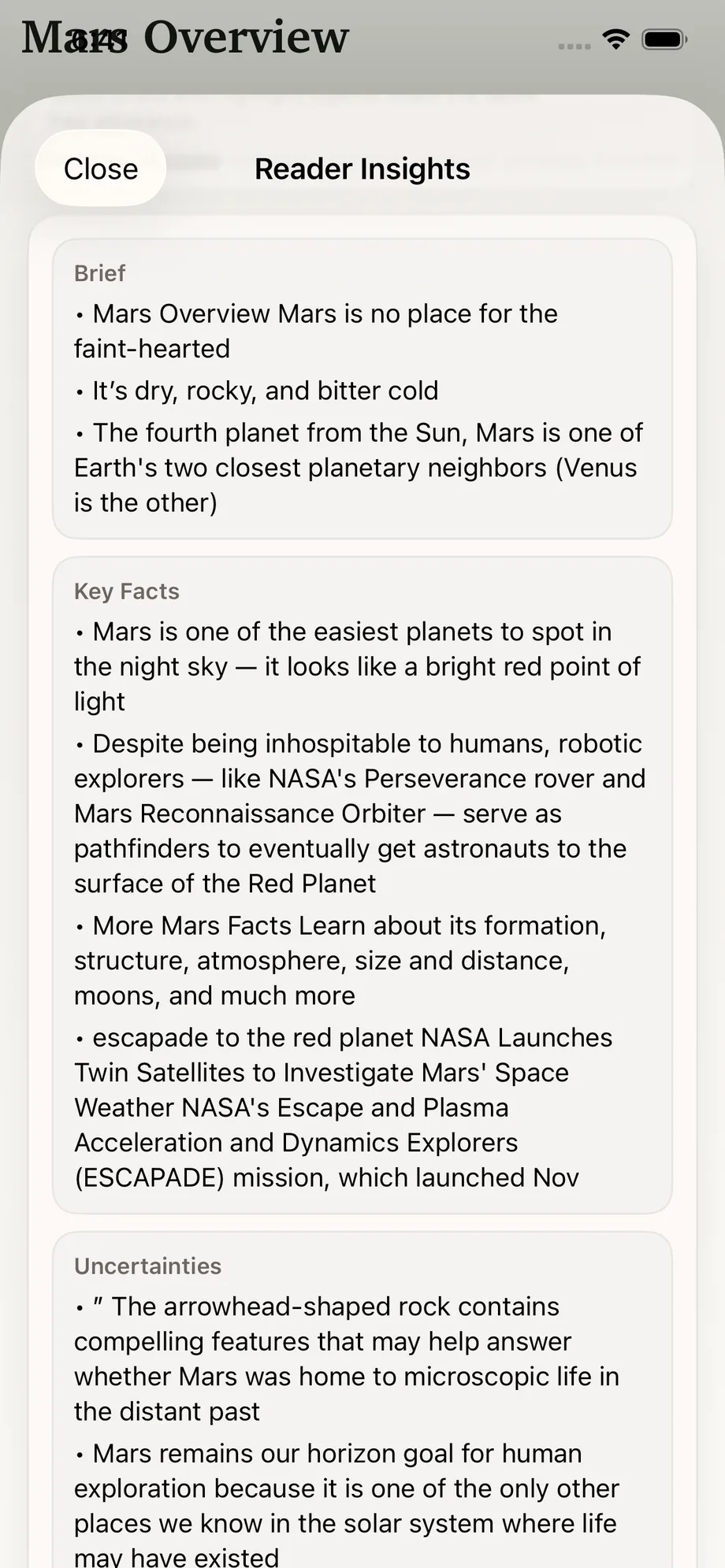 Reader Insights sheet in LinkBook with brief, key facts, and uncertainties sections.