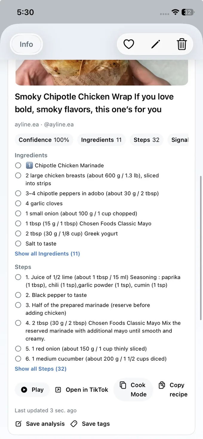 LinkBook recipe Smart Card with ingredients, steps, and cooking actions.