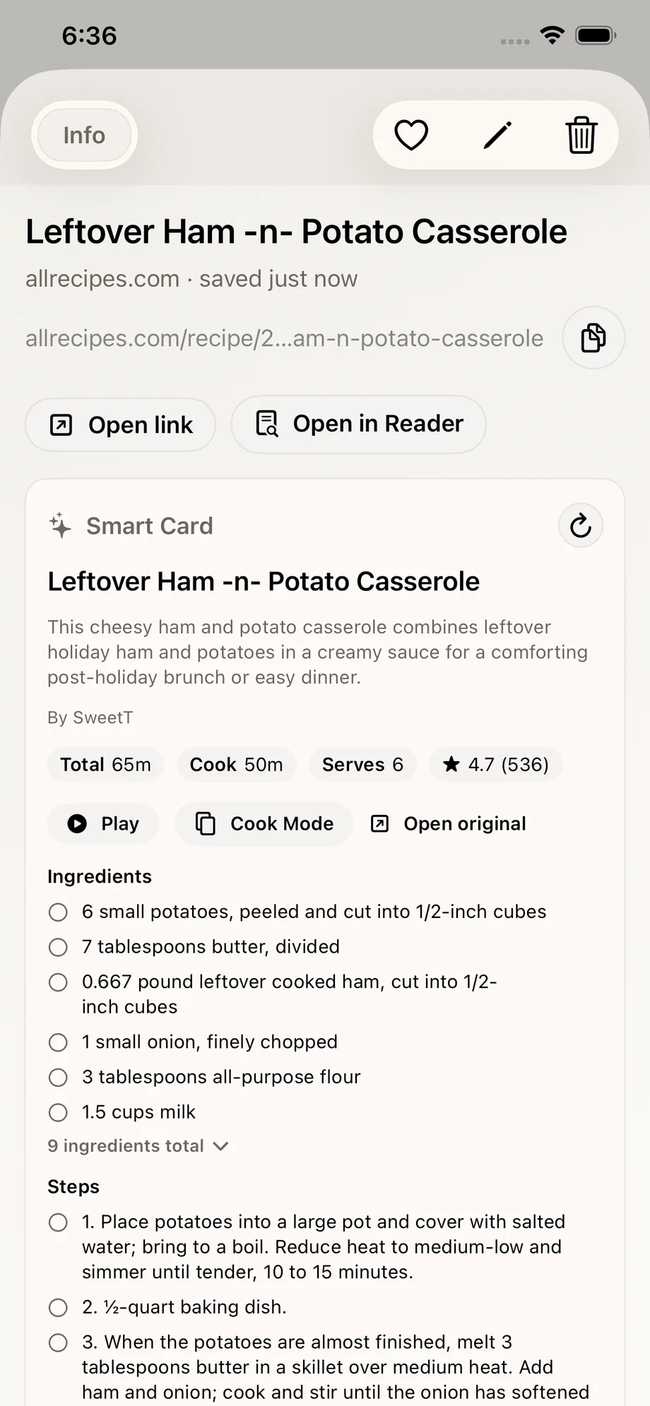Recipe website Smart Card in LinkBook with play, cook mode, ingredients, and steps.