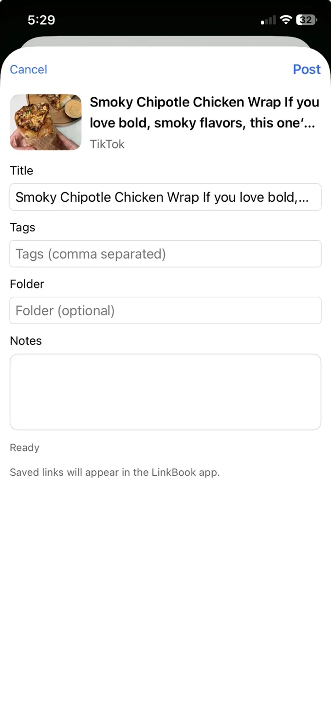 LinkBook Share Preview for a TikTok save with editable title, tags, folder, and notes fields.