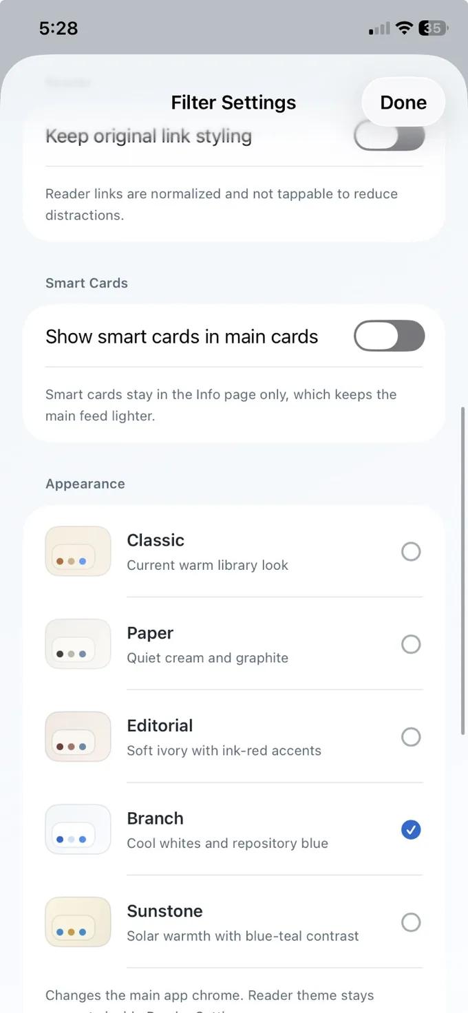 LinkBook appearance settings showing Classic, Paper, Editorial, Branch, and Sunstone themes.
