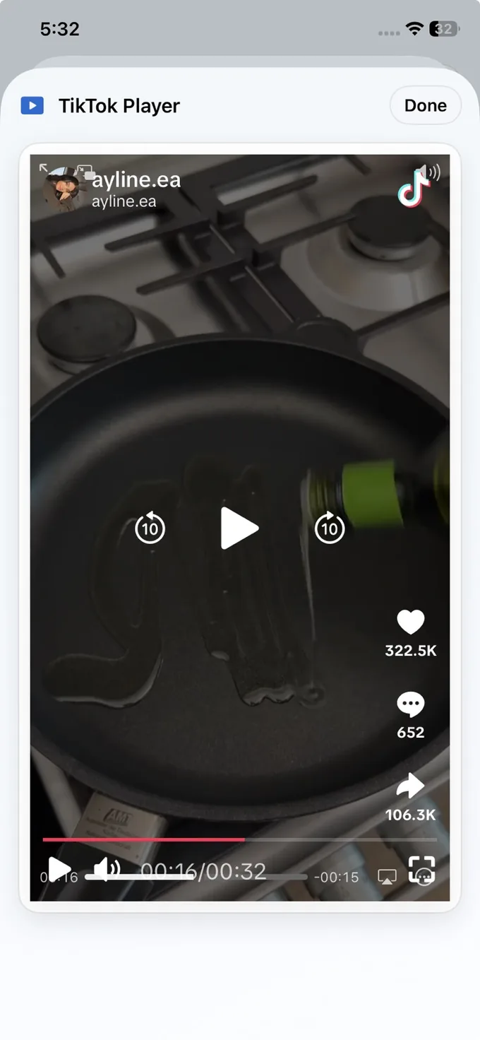 TikTok Player opened inside LinkBook from a supported recipe card.