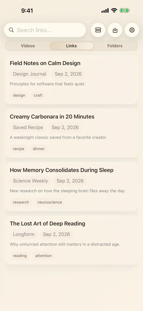 LinkBook on iPhone with saved articles, a recipe and tags