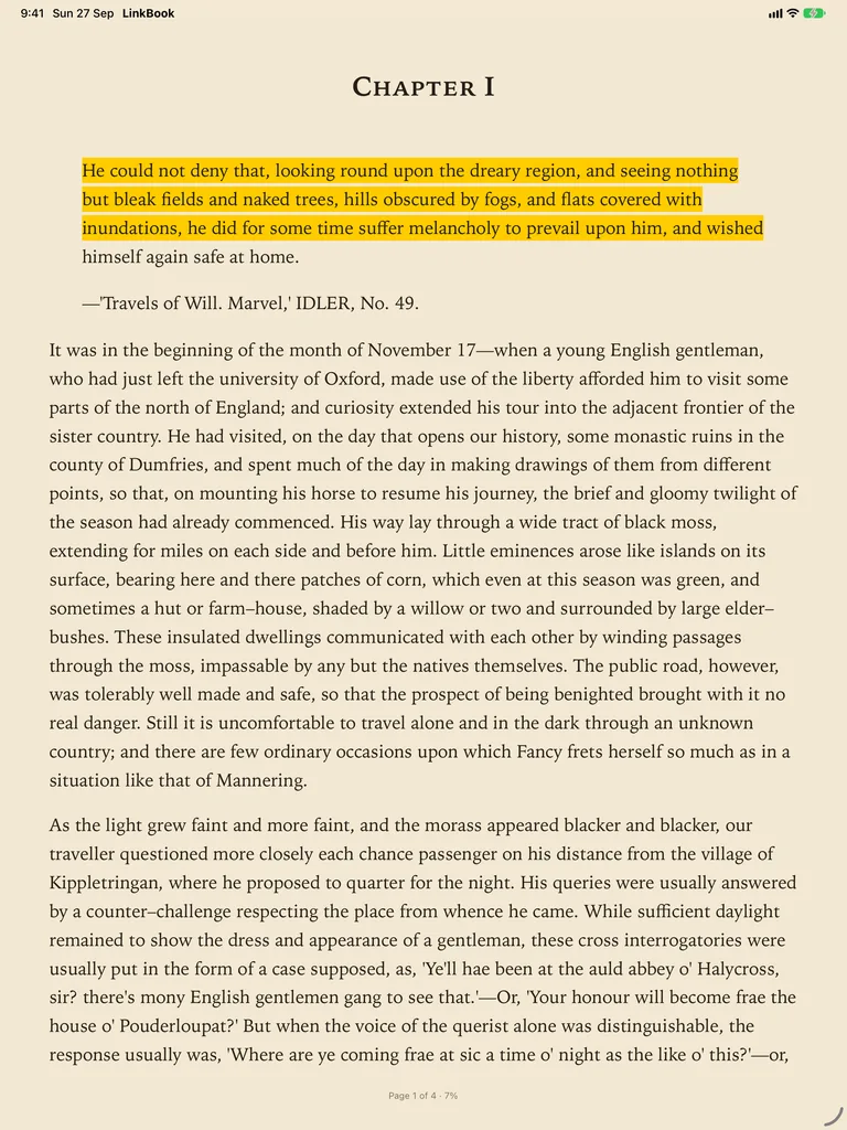 A highlighted passage in a book in LinkBook’s Book Mode on iPad