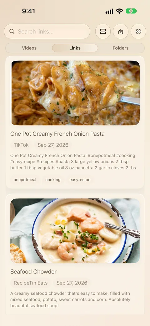 LinkBook on iPhone with saved recipes, their notes and tags