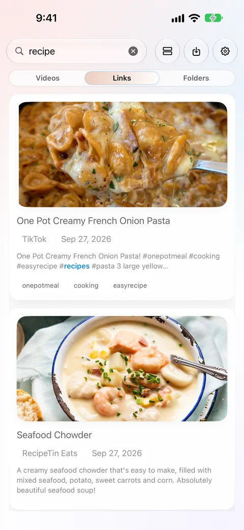 Searching a LinkBook library for recipes on iPhone