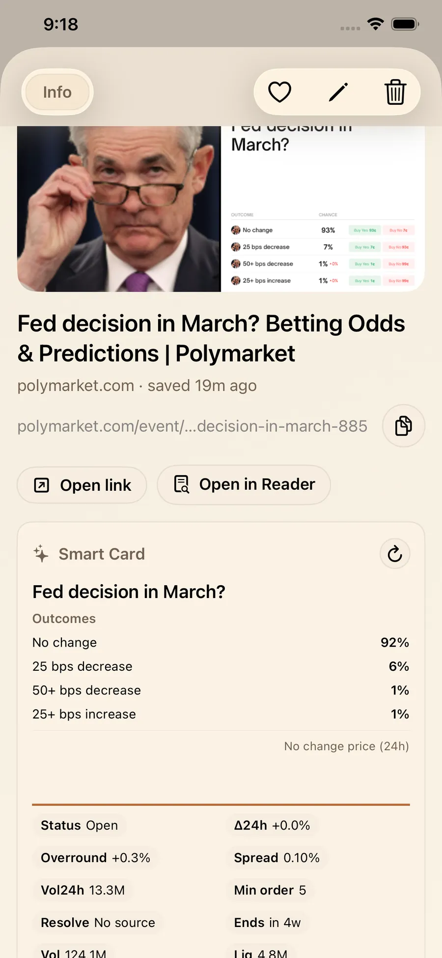 Polymarket Smart Card in LinkBook showing outcomes, status, and market metrics