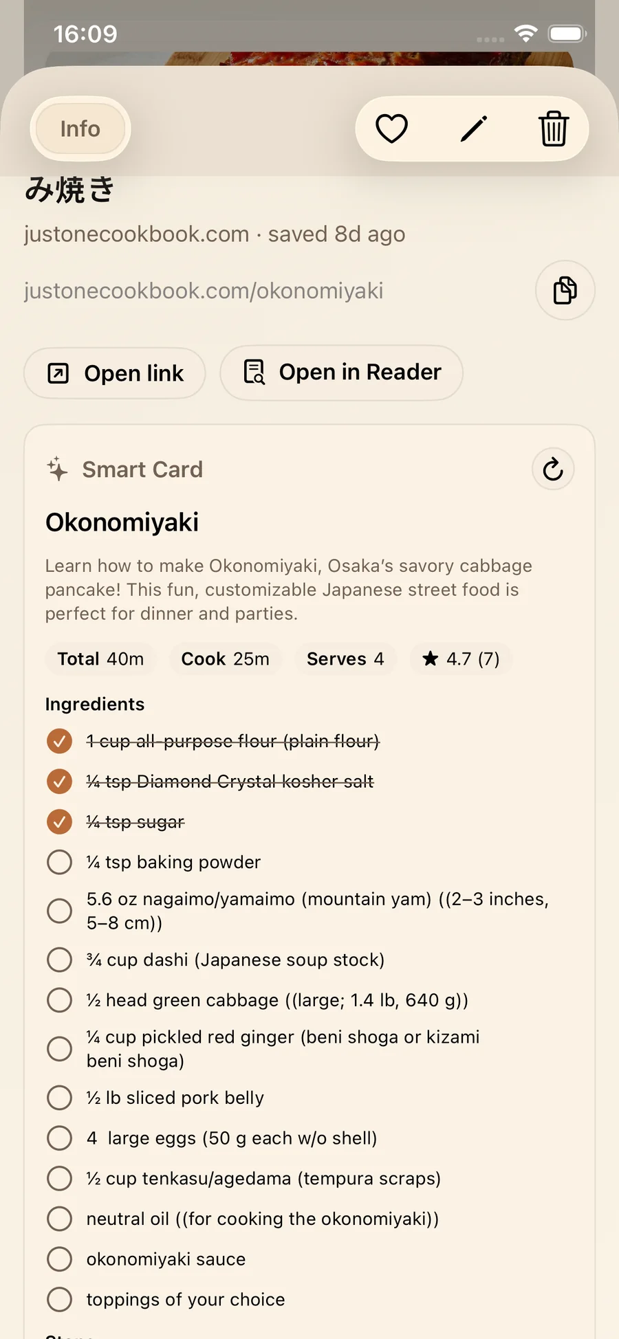 Recipe Smart Card in LinkBook with cook time, servings, and ingredient checklist