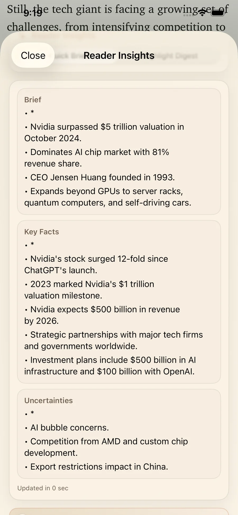 Reader Insights in LinkBook with Brief, Key Facts, and Uncertainties generated from an article