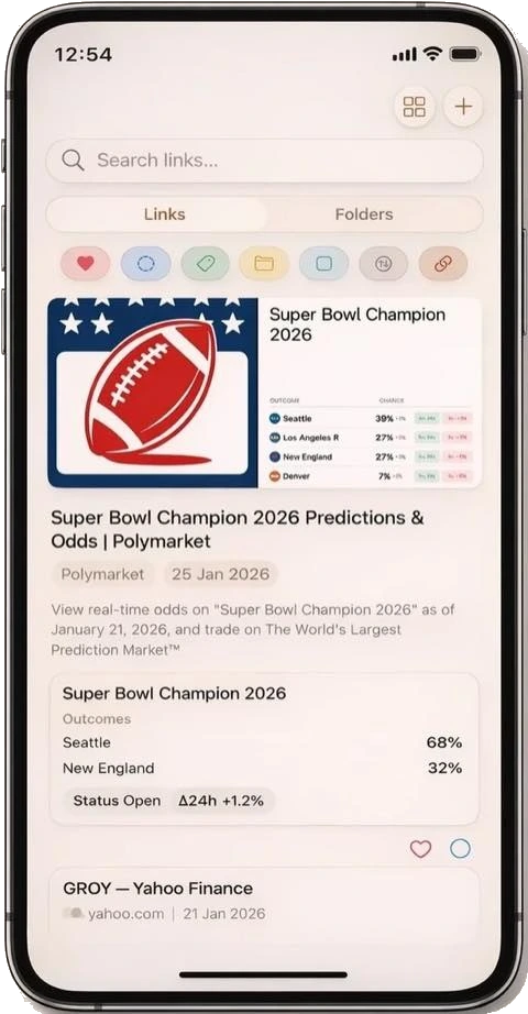 LinkBook links view showing smart cards and link previews